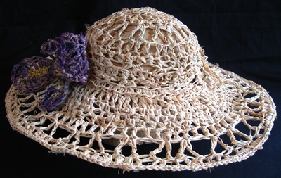 1890s Hat with Iris, crocheted raffia by C. Buffalo Larkin