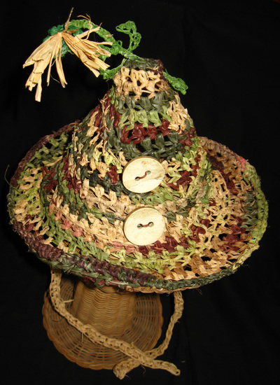 Camouflage Party Hat, crocheted raffia by C. Buffalo Larkin