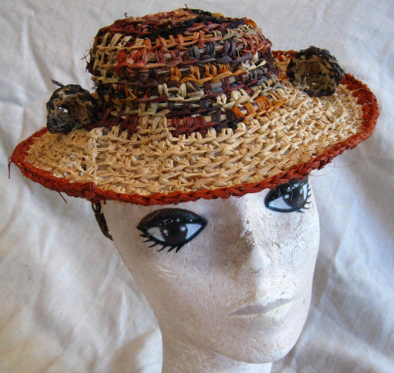 Shepherdess Hat with Cheetah Ears, crocheted raffia by C. Buffalo Larkin