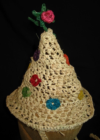 Polka Dot Party Hat with Rose, crocheted raffia by C. Buffalo Larkin